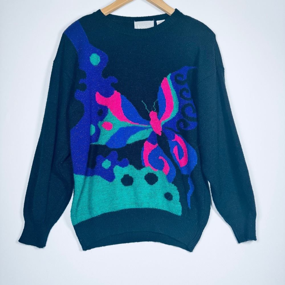 Vintage Joyce Sweater‎ Womens Medium Black Butterfly Graphic Colorful Knit